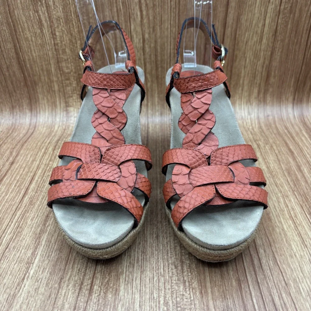 Earthie‎ Corsica Wedge Sandals Womens 8B Spice Orange Leather Snakeskin Braided